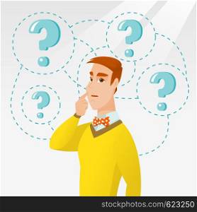 Thinking businessman standing under question marks. Young caucasian businessman thinking. Thinking man surrounded by question marks. Vector flat design illustration isolated on white background.. Young businessman thinking vector illustration.