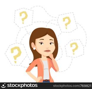 Thinking businesswoman standing under question marks. Young caucasian businesswoman thinking. Thinking woman surrounded by question marks. Vector flat design illustration isolated on white background.. Young business woman thinking vector illustration.