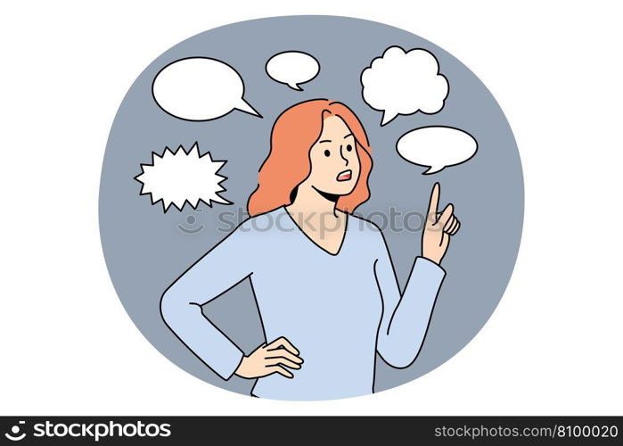 Thinking communication and chat concept. Young frustrated woman standing pointing at speech bubble above communicating thinking vector illustration. Thinking communication and chat concept.