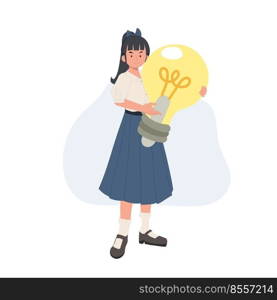 thinking concept, idea innovation, cute Thai student girl is holding a big lightblup as a big Idea. vector illustration