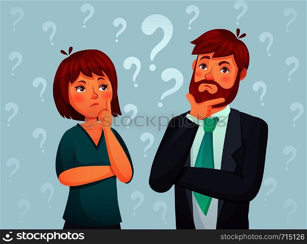 Thinking couple. Thoughtful man and woman, confused troubled question and people finding answer. Retired thinking and worried businessmans characters cartoon vector illustration. Thinking couple. Thoughtful man and woman, confused troubled question and people finding answer cartoon vector illustration