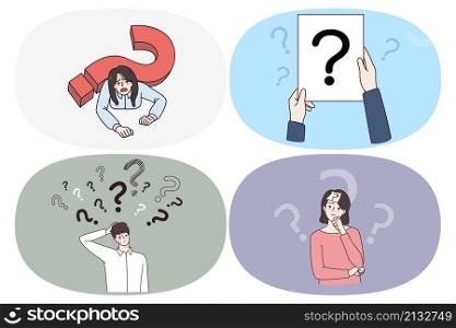 Thinking doubt and feeling frustrated concept. Set of young people with question mark around feeling doubt trying to find best decision need help or great idea for business vector illustration. Thinking doubt and feeling frustrated concept