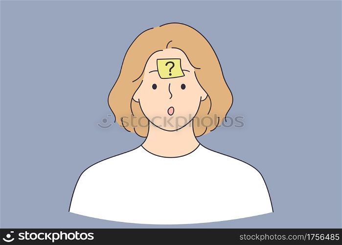 Thinking, doubt, question sign concept. Frustrated Thinking woman cartoon character standing with question mark on forehead feeling doubt having no answer vector illustration . Thinking, doubt, question sign concept