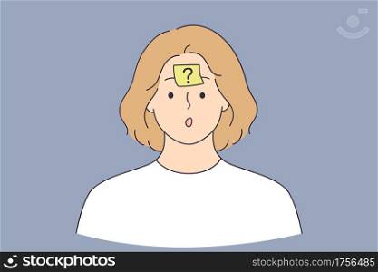 Thinking, doubt, question sign concept. Frustrated Thinking woman cartoon character standing with question mark on forehead feeling doubt having no answer vector illustration . Thinking, doubt, question sign concept