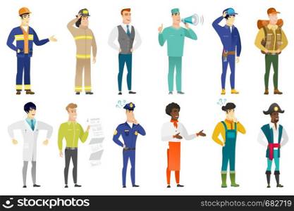 Thinking farmer with question marks. Thoughtful farmer with question marks. Farmer looking at question marks above his head. Set of vector flat design illustrations isolated on white background.. Vector set of professions characters.