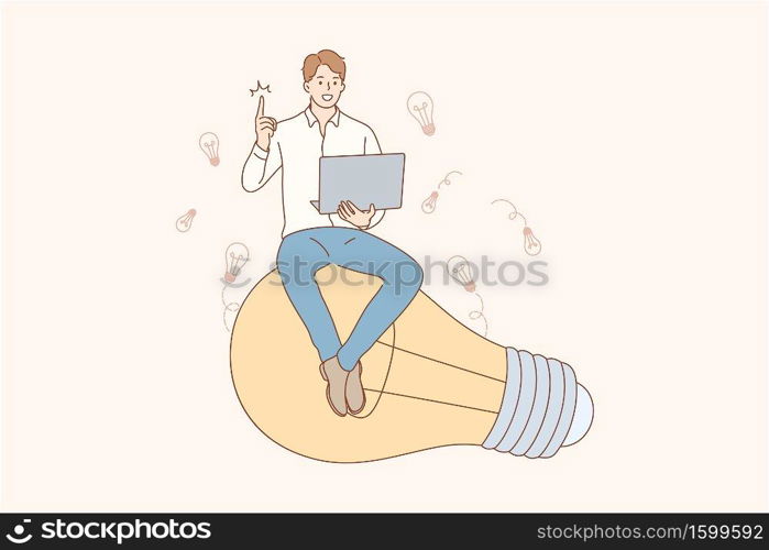 Thinking, idea, success, search, business concept. Young happy smiling businessman guy clerk manager character sitting on light bulb. Creation of idea, problem or trouble solution and brainstorming.. Thinking, idea, success, search, business concept.