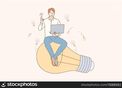 Thinking, idea, success, search, business concept. Young happy smiling businessman guy clerk manager character sitting on light bulb. Creation of idea, problem or trouble solution and brainstorming.. Thinking, idea, success, search, business concept.