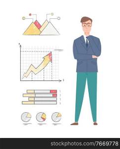 Thinking man character, set of chart, diagram and lines, drawing graphs report in flat style, full length portrait view of man presenting report vector. Worker and Set of Chart and Diagram, Report Vector