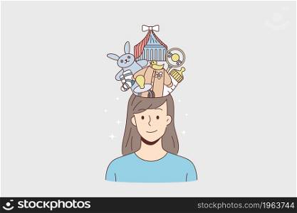 Thinking of child and baby concept. Young woman cartoon character standing having baby issues toys clothes dummy keeping in mind vector illustration . Thinking of child and baby concept.
