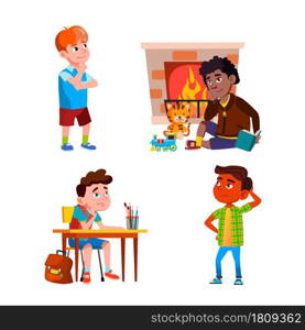 Thinking Or Dreaming Boys Children Set Vector. Kids Sitting At Desk On School Lesson And Near Fireplace, Standing On Street And Thinking About Problem. Characters Flat Cartoon Illustrations. Thinking Or Dreaming Boys Children Set Vector