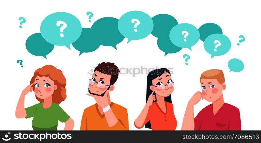 Thinking people group. Anxiety characters, flat crowd in doubt talking and confused, business team and social group. Vector cartoon businessman stressed question solutions overweight. Thinking people group. Anxiety characters, flat crowd in doubt talking and confused, business team and social group. Vector cartoon