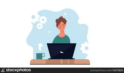 Thinking sad man on laptop vector flat illustration business concept. Professional human solution question problem work. Confusion guy brainstorming head decision. Character inspiration job thought
