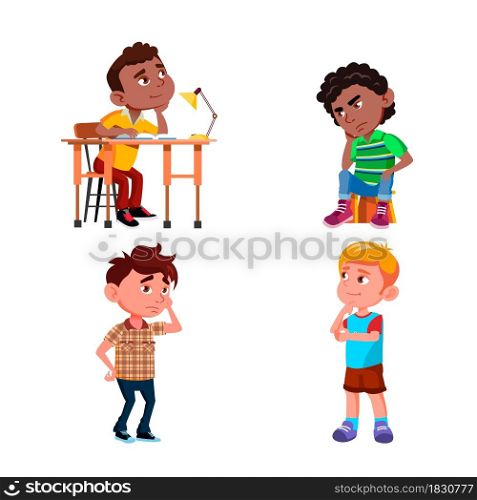 Thinking School Boys About Problem Set Vector. Schoolboys Sitting On Chair At Table And Standing Thinking For Solve Task. Thoughtful Characters Guys Children Flat Cartoon Illustrations. Thinking School Boys About Problem Set Vector