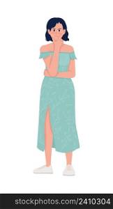 Thinking semi flat color vector character. Standing figure. Full body person on white. Pensive and doubtful lady simple cartoon style illustration for web graphic design and animation. Thinking semi flat color vector character