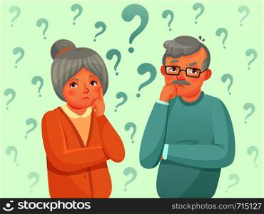 Thinking seniors couple. Confused elderly people. Grandfather, grandmother forget and trying remember. Troubled old senior discussion, aging seniors worried talking cartoon vector illustration. Thinking seniors couple. Confused elderly people. Grandfather, grandmother forget and trying remember cartoon vector illustration