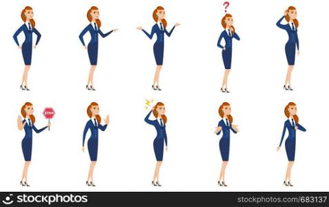 Thinking stewardess with question mark. Thoughtful stewardess with question mark. Stewardess looking at question mark above head. Set of vector flat design illustrations isolated on white background.. Vector set of stewardess characters.