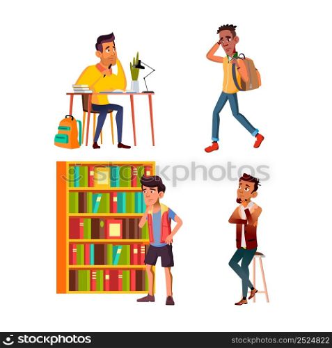 Thinking Student For Solve Problem Set Vector. Thinking Student Boy In Cafeteria For Choosing Menu, In Library Choose Book And Think Solution At Table. Characters Flat Cartoon Illustrations. Thinking Student For Solve Problem Set Vector