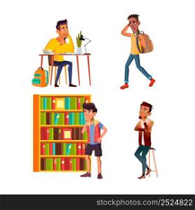 Thinking Student For Solve Problem Set Vector. Thinking Student Boy In Cafeteria For Choosing Menu, In Library Choose Book And Think Solution At Table. Characters Flat Cartoon Illustrations. Thinking Student For Solve Problem Set Vector