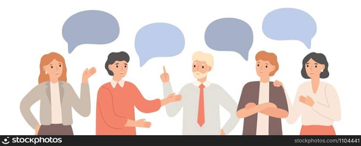 Thinking team. Teamwork communication, office workers communicate and discuss project. Group chat, group talk together. Brainstorming talking business meeting isolated vector illustration. Thinking team. Teamwork communication, office workers communicate and discuss project. Group chat, group talk together vector illustration