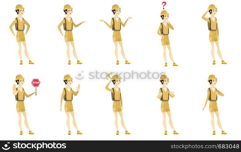 Thinking traveler with question mark. Thoughtful traveler with question mark. Asian traveler looking at question marks above head. Set of vector flat design illustrations isolated on white background.. Vector set with traveler characters.