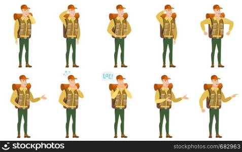 Thinking traveler with question marks above his head. Thoughtful traveler with question marks. Traveler looking up and thinking. Set of vector flat design illustrations isolated on white background.. Vector set of traveler characters.