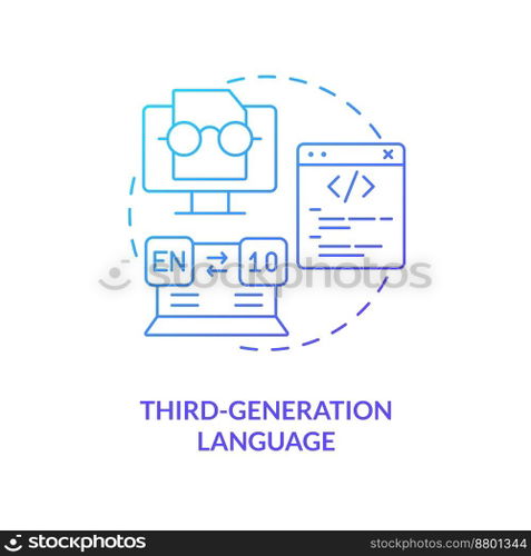 Third-generation programming language blue gradient concept icon. Coding development stage abstract idea thin line illustration. Creating software. Isolated outline drawing. Myriad Pro-Bold font used. Third-generation programming language blue gradient concept icon