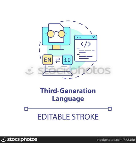 Third-generation programming language concept icon. Coding development stage abstract idea thin line illustration. Isolated outline drawing. Editable stroke. Arial, Myriad Pro-Bold fonts used. Third-generation programming language concept icon