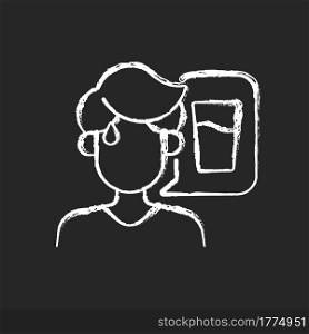Thirst chalk white icon on dark background. Dehydration symptom during heat wave. Sign of heatstroke. Lack of water. Sweating man thinking of drink. Isolated vector chalkboard illustration on black. Thirst chalk white icon on dark background