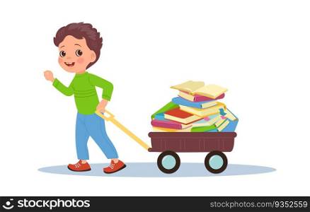 Thirst for knowledge. Clever boy pulling cart with bunch of books. Student carrying trolley full of textbooks. Self education. Smiling pupil reading literature. Studying smart child. Vector concept. Thirst for knowledge. Clever boy pulling cart with bunch of books. Student carrying trolley full of textbooks. Self education. Pupil reading literature. Studying child. Vector concept