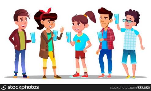 Thirsty Characters Children Drink Water Vector. Smiling Teenagers Holding Glasses With Freshness Beverage And Healthy Liquid Enjoying And Quench Thirsty. Design Flat Cartoon Illustration. Thirsty Characters Children Drink Water Vector