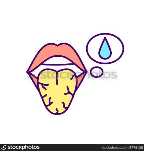 Thirsty RGB color icon. Isolated vector illustration. Diabetes symptomps. Dreaming about drinking bottle of water. Dehydration during illness simple filled line drawing. Thirsty RGB color icon