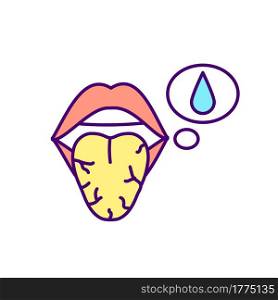 Thirsty RGB color icon. Isolated vector illustration. Diabetes symptomps. Dreaming about drinking bottle of water. Dehydration during illness simple filled line drawing. Thirsty RGB color icon