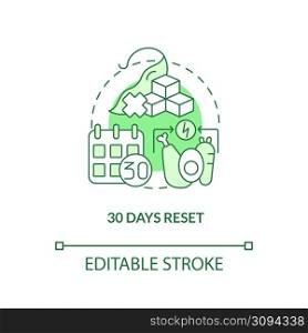 Thirty days reset green concept icon. Healthy food eating. Trendy diets abstract idea thin line illustration. Isolated outline drawing. Editable stroke. Arial, Myriad Pro-Bold fonts used. Thirty days reset green concept icon