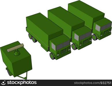 This are three military vehicles or trucks used for transportation of military materials from place to place vector color drawing or illustration