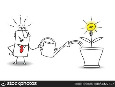 this businessman waters the tree and an idea bulb. It&rsquo;s a metaphor of somebody who want find a brilliant idea