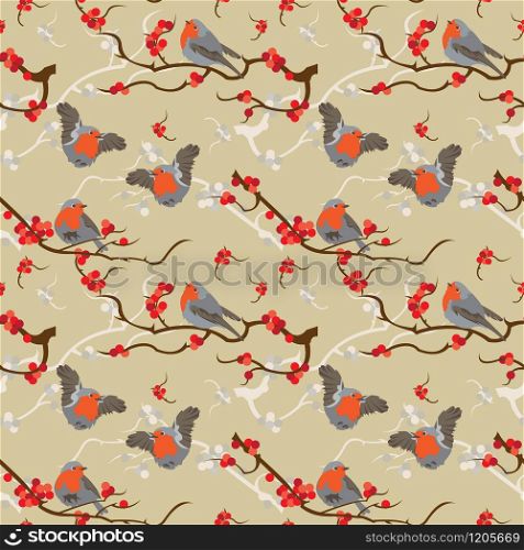 This file represents a pattern with some birds, in particular robin redbreast sitted on a brunch with red berries. Everything is on the same layer but the background and a single tile which is grouped and separated. No transparency used. No gradient used.