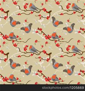 This file represents a pattern with some birds, in particular robin redbreast sitted on a brunch with red berries. Everything is on the same layer but the background and a single tile which is grouped and separated. No transparency used. No gradient used.