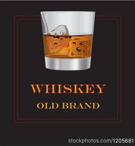 "This file represents a transparent glass of orange or brown whiskey, with the write "old brand" in a black background. Everything is grouped and divided into layers."