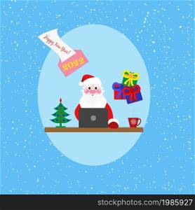 This illustration of Santa Claus at a laptop on the background of New Year attributes. Santa Claus at the computer