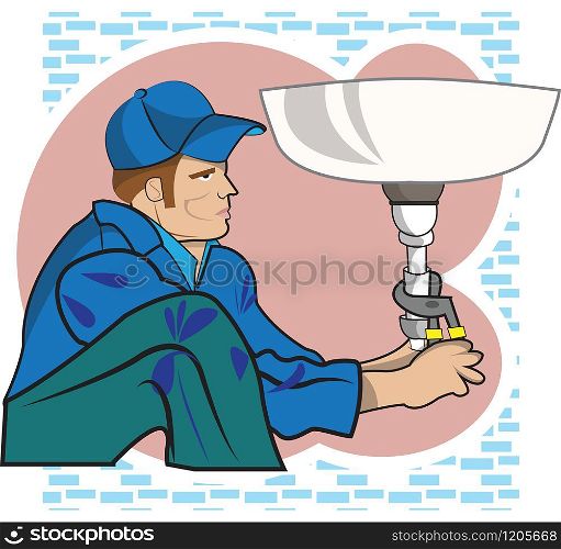 This illustration represents a plumber while working in a bathroom