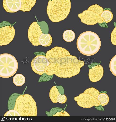 This illustration represents a semaless pattern with lemons in a brown background