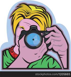 This illustration shows a man taking a picture. He's holding a camera watching into it to focus the snap. Everything is grouped and divided into different layers.