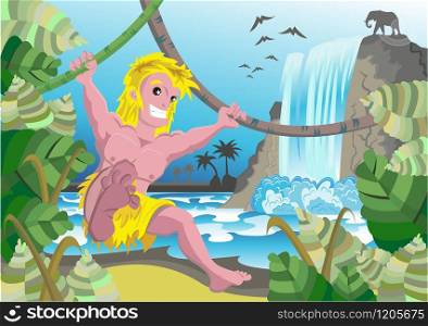 This is an illustration where tarzan is jumping with liana. In the background there is a lake with a fall and an elephant. Everything is grouped and layered. It is a muscolar character happy and funny inside some plants. Gradient used. No trasparency used.