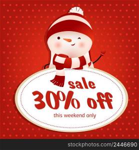 This weekend sale red poster design with winking snowman. Inscription in round white frame and winking snowman on red background with polka dots. Can be used for sales, shops, discounts. This weekend sale red poster design with winking snowman