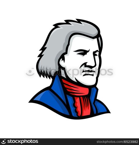 Thomas Jefferson Mascot. Mascot icon illustration of head of Thomas Jefferson, an American Founding Father and the third President of the United States viewed from side on isolated background in retro style.. Thomas Jefferson Mascot