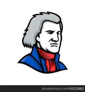 Thomas Jefferson Mascot. Mascot icon illustration of head of Thomas Jefferson, an American Founding Father and the third President of the United States viewed from side on isolated background in retro style.. Thomas Jefferson Mascot