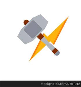 Thor hammer. God weapon. Norse mythology. Symbol of lightning power. Medieval steel weapons. Flat cartoon icon. Thor hammer. God weapon. Norse mythology
