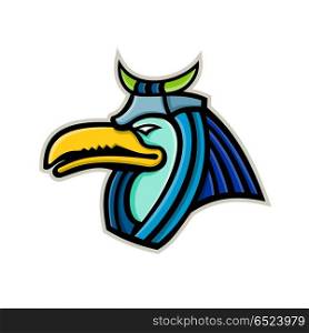 Thoth Egyptian God Mascot. Mascot icon illustration of head of Thoth, one of the deities of the Egyptian pantheon or mythology, depicted as a man with the head of an ibis on isolated background in retro style.. Thoth Egyptian God Mascot