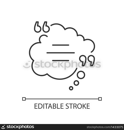 Thought bubble with quotes pixel perfect linear icon. Dream cloud. Empty box for direct speech. Thin line customizable illustration. Contour symbol. Vector isolated outline drawing. Editable stroke. Thought bubble with quotes pixel perfect linear icon