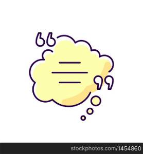Thought bubble with quotes yellow RGB color icon. Dream cloud. Empty box for direct speech. Blank dialogue form with quotation marks. Isolated vector illustration. Thought bubble with quotes yellow RGB color icon